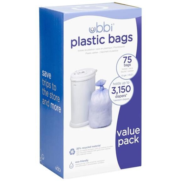 Ubbi Diaper Pail Plastic Bags, Disposable Baby Waste Bags, 3 Pack, 75 Ct, 13-Gal - Picture 1 of 5